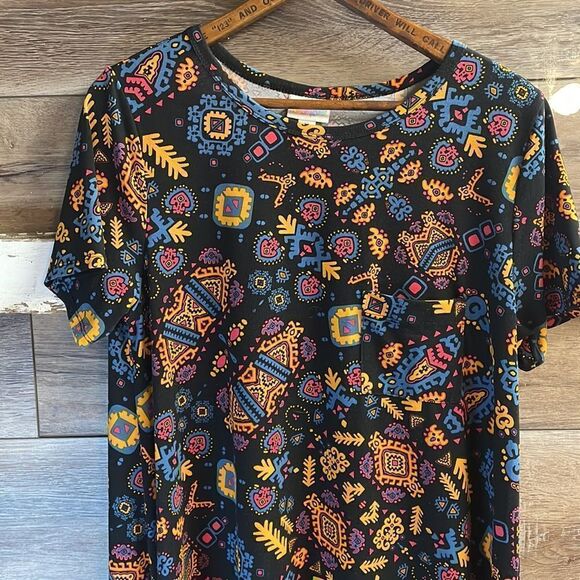 LulaRoe Ladies Carly Swing Dress Size M Black, Blue Yellow Pattern Color… - Picture 5 of 8